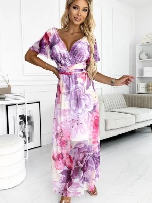 Zdjęcie produktu 489-1 CINZIA Sukienka z dekoltem, długim wiązaniem w pasie i krótkim rękawkiem - fioletowo-różowe DUŻE KWIATY - siatka Numoco