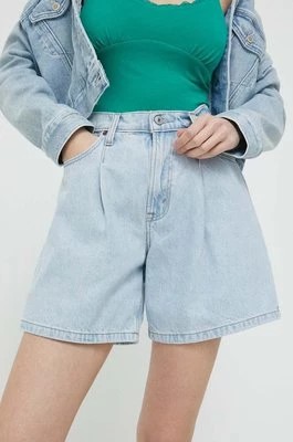 Zdjęcie produktu Abercrombie & Fitch szorty jeansowe damskie kolor niebieski gładkie high waist