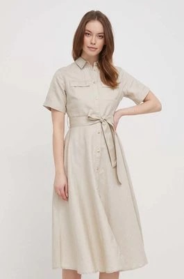 Zdjęcie produktu Barbour sukienka lniana kolor beżowy midi rozkloszowana LDR0762