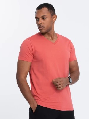 Zdjęcie produktu Bawełniana klasyczna męska koszulka z dekoltem w serek BASIC - różowa V12 OM-TSBS-0145
 -                                    M