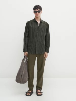 Zdjęcie produktu Bawełniana Koszula Z Diagonalu W Paski O Kroju Slim - Khaki - - Massimo Dutti - Mężczyzna