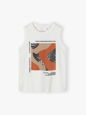 Zdjęcie produktu Bawełniana koszulka chłopięca biała na ramiaczkąch z nadrukiem Lincoln & Sharks by 5.10.15.