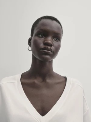 Zdjęcie produktu Bawełniana Koszulka Z Dekoltem W Serek - Biały - - Massimo Dutti - Kobieta