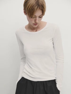 Zdjęcie produktu Bawełniana Koszulka Z Okrągłym Dekoltem I Prążkowanym Wykończeniem - Surowy - - Massimo Dutti - Kobieta