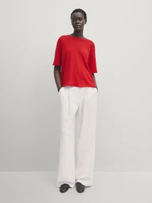 Zdjęcie produktu Bawełniana Koszulka Z Przeszyciem Pośrodku - Czerwony - - Massimo Dutti - Kobieta