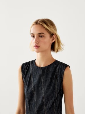 Zdjęcie produktu Bawełniana Sukienka Z Zakładkami I Efektem Denimu - Niebieskie - - Massimo Dutti - Kobieta
