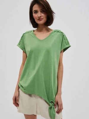 Zdjęcie produktu Bawełniany t-shirt damski z ozdobnym wiązaniem zielony Moodo