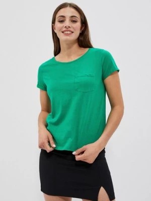 Zdjęcie produktu Bawełniany zielona t-shirt damski z kieszonką Moodo