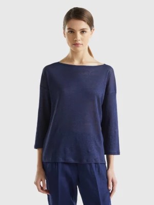 Zdjęcie produktu Benetton, 3/4 Sleeve T-shirt In Pure Linen, size M, Dark Blue, Women United Colors of Benetton