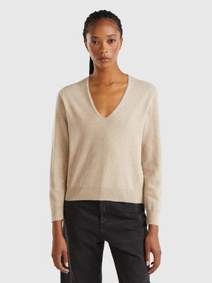 Zdjęcie produktu Benetton, Beige V-neck Sweater In Pure Merino Wool, size L, Beige, Women United Colors of Benetton