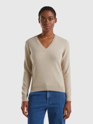 Zdjęcie produktu Benetton, Beige V-neck Sweater In Pure Merino Wool, size S, Beige, Women United Colors of Benetton