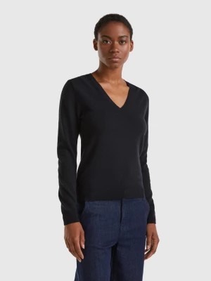 Zdjęcie produktu Benetton, Black V-neck Sweater In Pure Merino Wool, size M, Black, Women United Colors of Benetton