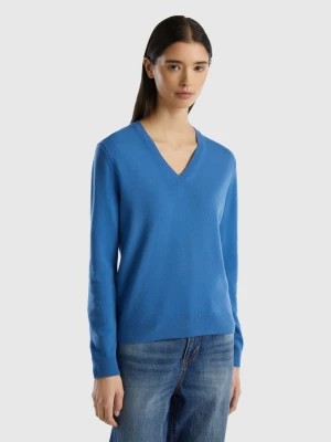Zdjęcie produktu Benetton, Blue V-neck Sweater In Pure Merino Wool, size M, Blue, Women United Colors of Benetton