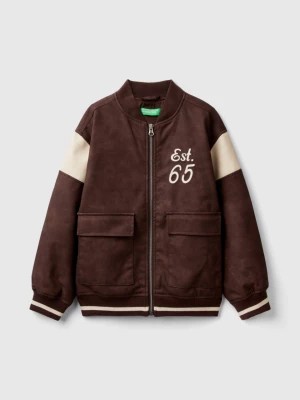 Zdjęcie produktu Benetton, Bomber Jacket In Imitation Leather With Embroidery, size 2XL, Brown, Kids United Colors of Benetton