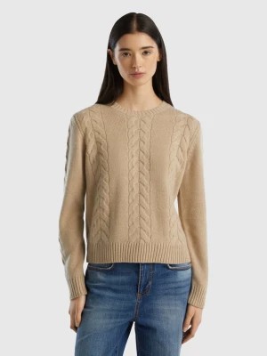 Zdjęcie produktu Benetton, Cable Knit Sweater In Pure Cashmere, size M, Beige, Women United Colors of Benetton