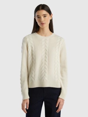 Zdjęcie produktu Benetton, Cable Knit Sweater In Pure Cashmere, size S, Creamy White, Women United Colors of Benetton