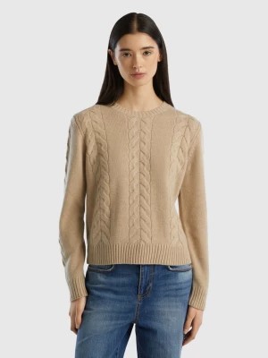 Zdjęcie produktu Benetton, Cable Knit Sweater In Pure Cashmere, size XS, Beige, Women United Colors of Benetton
