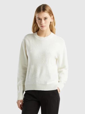 Zdjęcie produktu Benetton, Cashmere Blend Sweater With Floral Designs, size L, Creamy White, Women United Colors of Benetton