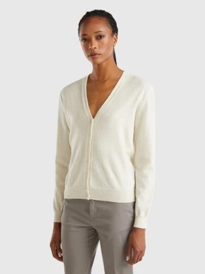 Zdjęcie produktu Benetton, Creamy White V- Neck Cardigan In Pure Merino Wool, size M, Creamy White, Women United Colors of Benetton