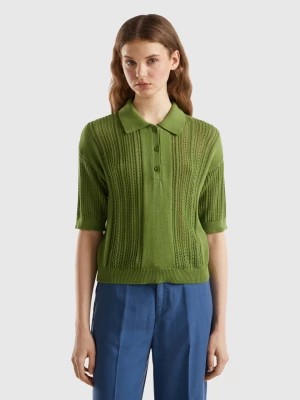 Zdjęcie produktu Benetton, Crochet Knit Polo Shirt, size S, Military Green, Women United Colors of Benetton