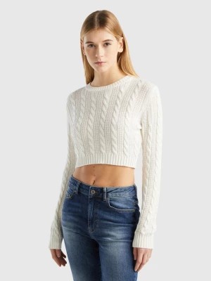 Zdjęcie produktu Benetton, Cropped Cable Knit Sweater, size L-XL, Creamy White, Women United Colors of Benetton