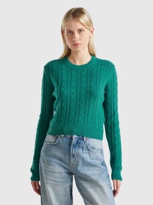 Zdjęcie produktu Benetton, Cropped Sweater With Cable Knit And Perforations, size L, Dark Green, Women United Colors of Benetton