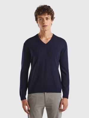 Zdjęcie produktu Benetton, Dark Blue V-neck Sweater In Pure Merino Wool, size M, Dark Blue, Men United Colors of Benetton