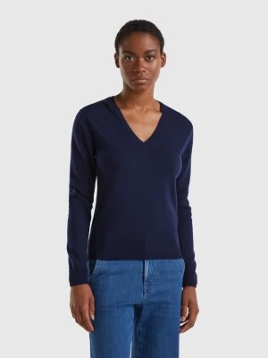Zdjęcie produktu Benetton, Dark Blue V-neck Sweater In Pure Merino Wool, size XL, Dark Blue, Women United Colors of Benetton