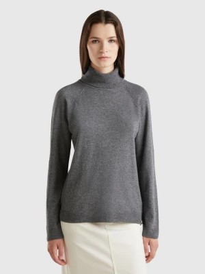 Zdjęcie produktu Benetton, Dark Gray Turtleneck In Wool And Cashmere Blend, size L, Dark Gray, Women United Colors of Benetton