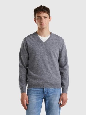 Zdjęcie produktu Benetton, Dark Gray V-neck Sweater In Pure Merino Wool, size XXL, Dark Gray, Men United Colors of Benetton