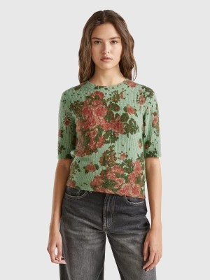 Zdjęcie produktu Benetton, Floral Sweater In Recycled Yarn, size M, Light Green, Women United Colors of Benetton