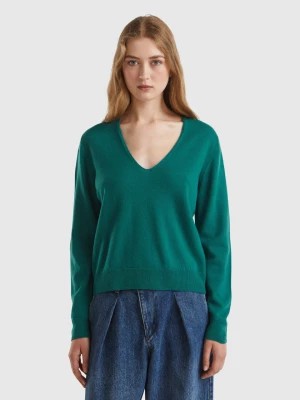Zdjęcie produktu Benetton, Forest Green V-neck Sweater In Pure Merino Wool, size S, Dark Green, Women United Colors of Benetton