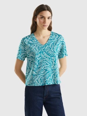 Zdjęcie produktu Benetton, Long Fiber Cotton Patterned T-shirt, size XXS, Teal, Women United Colors of Benetton