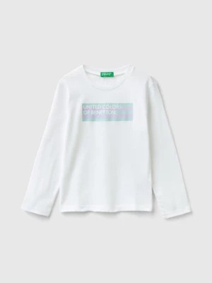Zdjęcie produktu Benetton, Long Sleeve T-shirt With Glittery Print, size 110, White, Kids United Colors of Benetton