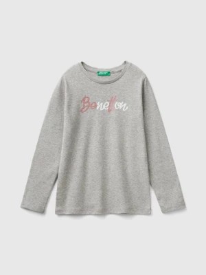 Zdjęcie produktu Benetton, Long Sleeve T-shirt With Glittery Print, size M, Light Gray, Kids United Colors of Benetton