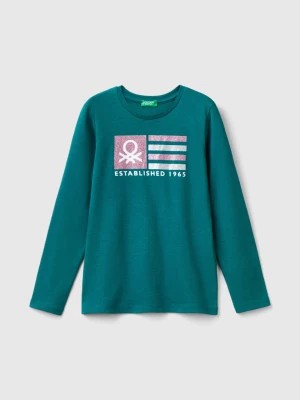 Zdjęcie produktu Benetton, Long Sleeve T-shirt With Glittery Print, size XL, Dark Green, Kids United Colors of Benetton