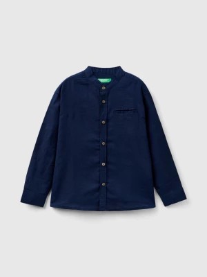 Zdjęcie produktu Benetton, Mandarin Collar Shirt In Linen Blend, size M, Dark Blue, Kids United Colors of Benetton