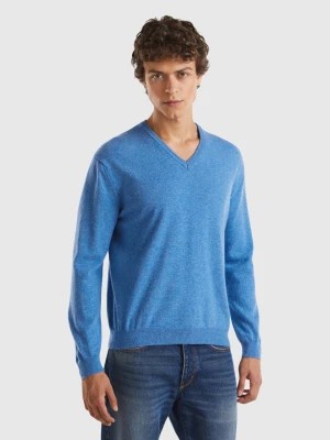 Zdjęcie produktu Benetton, Marl Blue V-neck Sweater In Pure Merino Wool, size L, Blue, Men United Colors of Benetton