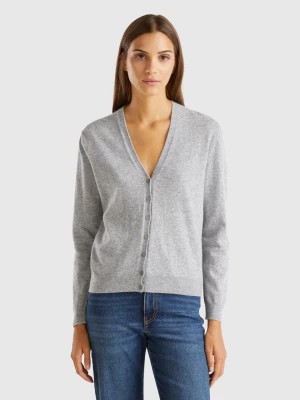 Zdjęcie produktu Benetton, Marl Gray V-neck Cardigan In Pure Merino Wool, size XL, Light Gray, Women United Colors of Benetton