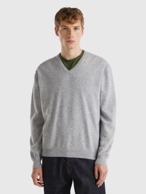 Zdjęcie produktu Benetton, Marl Gray V-neck Sweater In Pure Merino Wool, size M, Light Gray, Men United Colors of Benetton