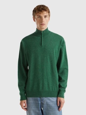 Zdjęcie produktu Benetton, Marl Green Zip-up Sweater In 100% Merino Wool, size M, Green, Men United Colors of Benetton