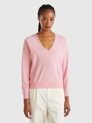 Zdjęcie produktu Benetton, Marl Pink V-neck Sweater In Pure Merino Wool, size S, Pink, Women United Colors of Benetton