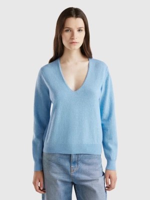 Zdjęcie produktu Benetton, Marl Sky Blue V-neck Sweater In Pure Merino Wool, size M, Light Blue, Women United Colors of Benetton