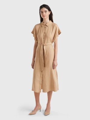 Zdjęcie produktu Benetton, Midi Shirt Dress In Pure Linen, size XL, Camel, Women United Colors of Benetton