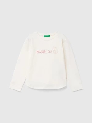 Zdjęcie produktu Benetton, Organic Cotton T-shirt With Glittery Print, size 104, Creamy White, Kids United Colors of Benetton