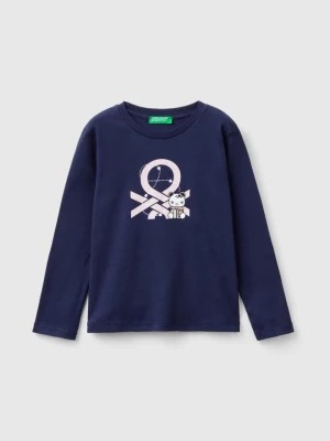 Zdjęcie produktu Benetton, Organic Cotton T-shirt With Glittery Print, size 110, Dark Blue, Kids United Colors of Benetton