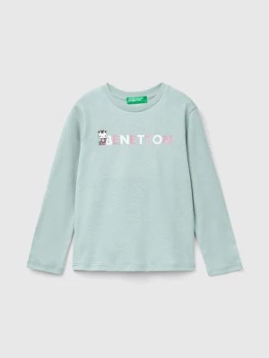 Zdjęcie produktu Benetton, Organic Cotton T-shirt With Glittery Print, size 82, Pearl Gray, Kids United Colors of Benetton