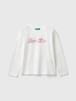 Zdjęcie produktu Benetton, Organic Cotton T-shirt With Glittery Print, size 98, White, Kids United Colors of Benetton