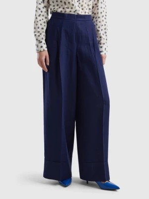 Zdjęcie produktu Benetton, Palazzo Trousers In 100% Linen, size L, Dark Blue, Women United Colors of Benetton