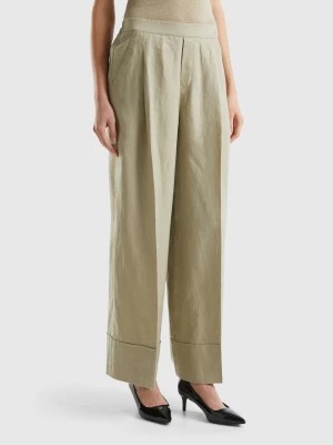 Zdjęcie produktu Benetton, Palazzo Trousers In 100% Linen, size L, Light Green, Women United Colors of Benetton